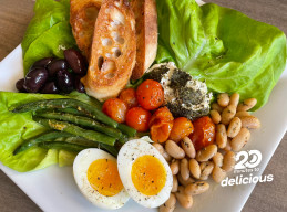Greens and Beans Salad with Baked Goat Cheese and Jammy Eggs