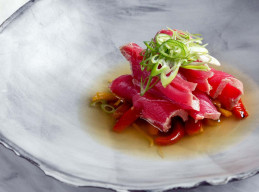 Sliced Tuna Tataki, Roasted Peppers, Chili, and Citrus