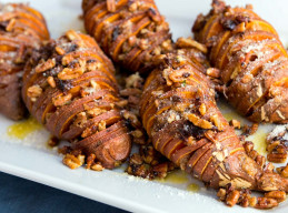 Hasselback Sweet Potatoes with Thyme, Pecans and Parmesan