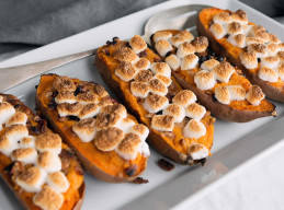 Twice-Baked Sweet Potatoes with Pecan-Bacon Streusel and Marshmallows