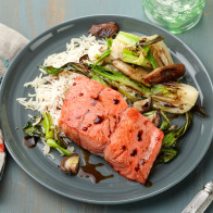 30-Minute Pan-Seared Salmon with Baby Bok Choy and Shiitake Mushrooms