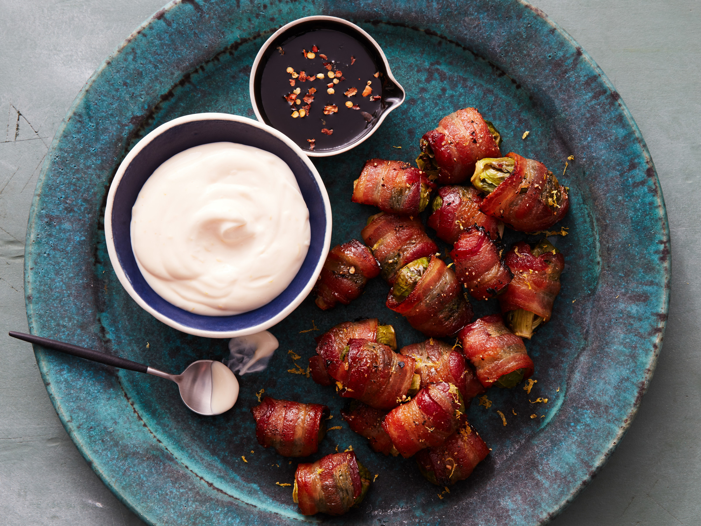 Baconwrapped Brussels Sprouts With Creamy Lemon Dip Food Network Kitchen