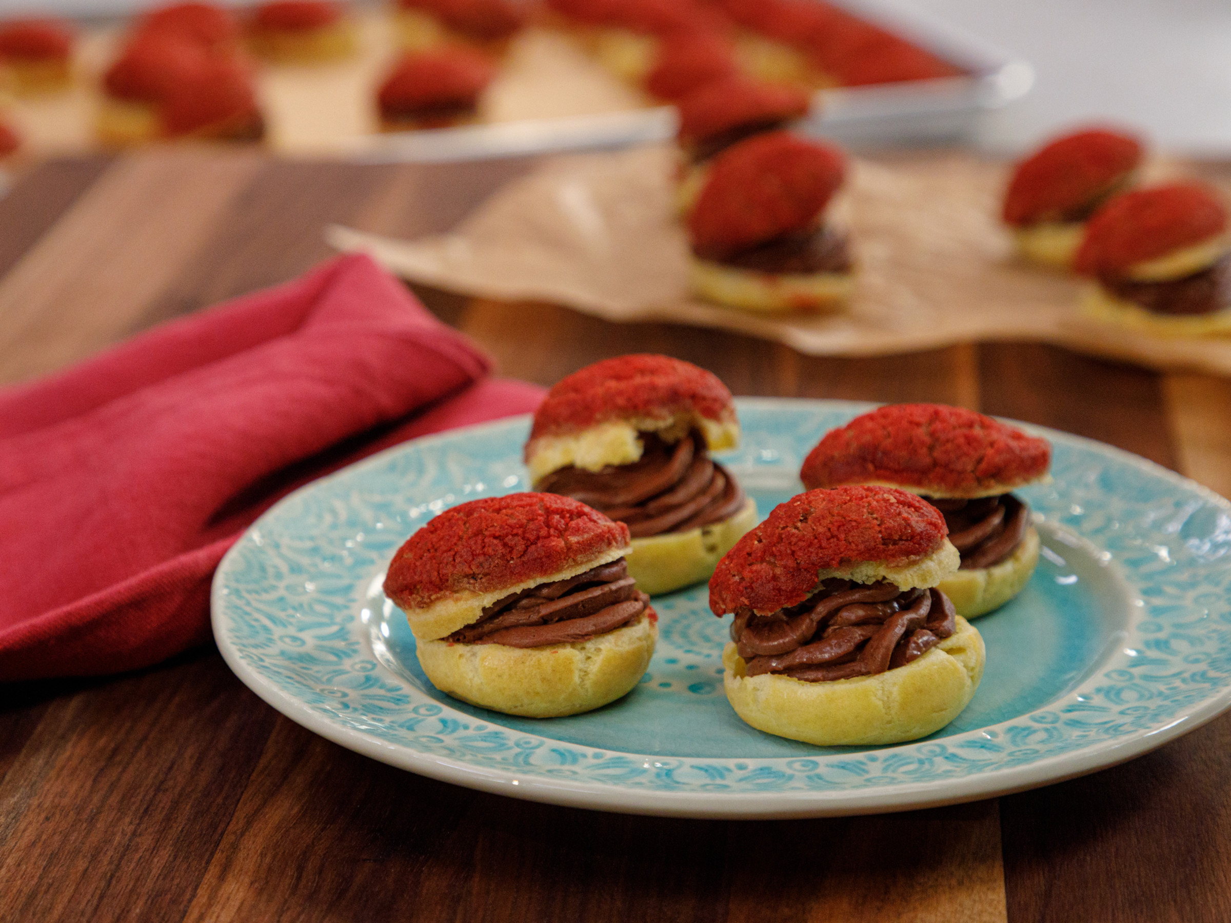 Cream Puffs With Raspberry Craquelin And Whipped Chocolate Mousse