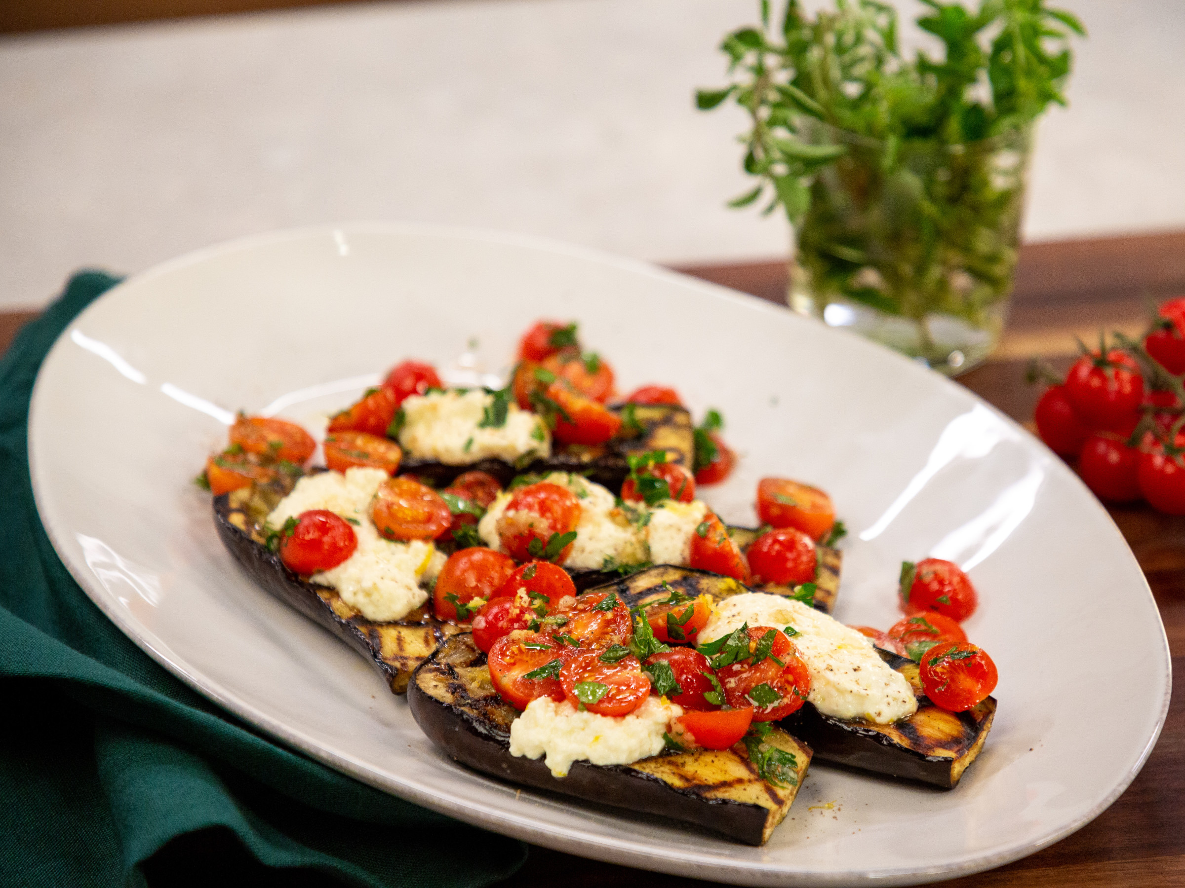 Grilled Baby Eggplants With Fresh Ricotta And Cherry Tomato Relish