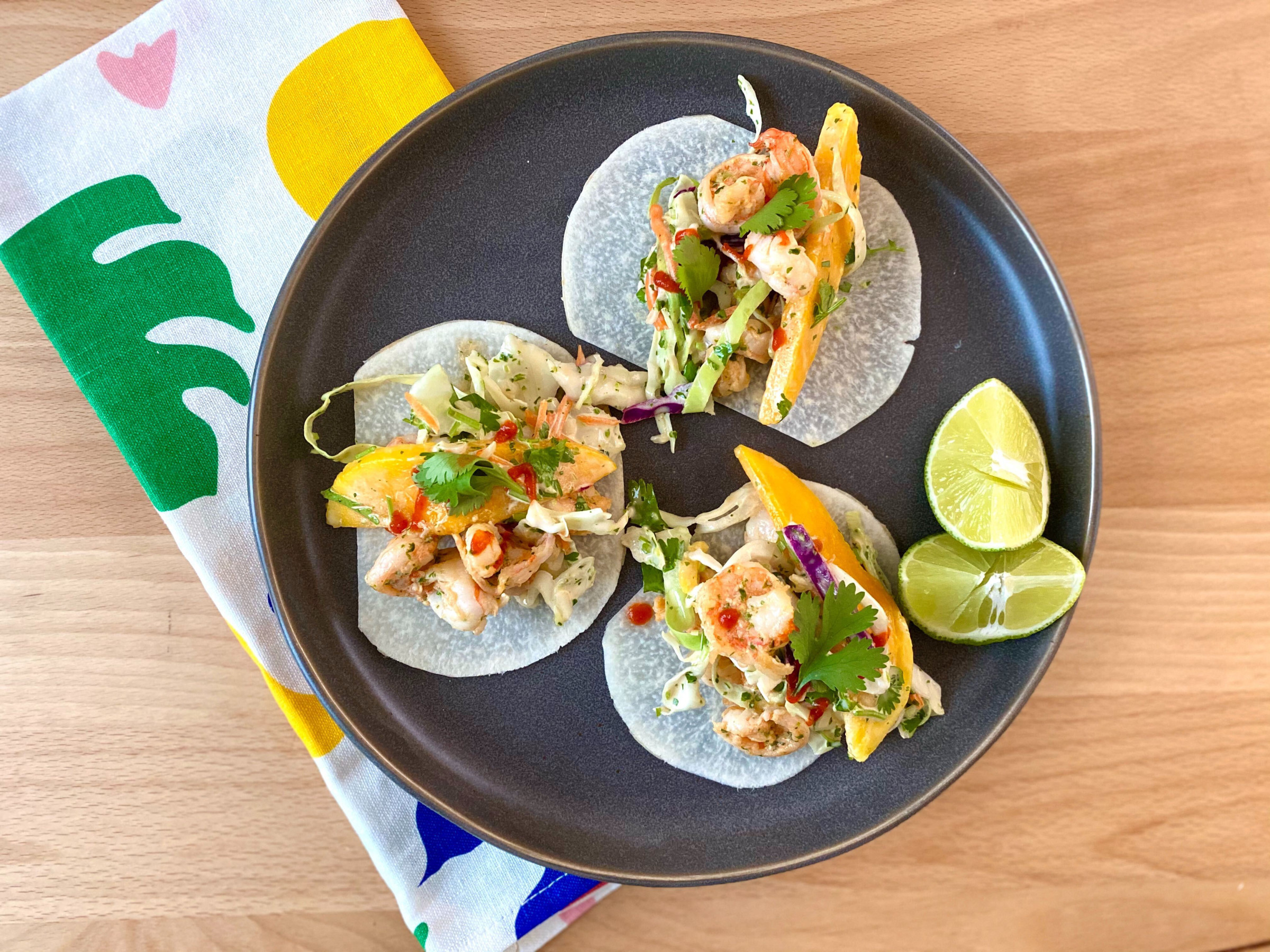 Shrimp Tacos With Mango Slaw And Jicama Tortillas Food Network Kitchen